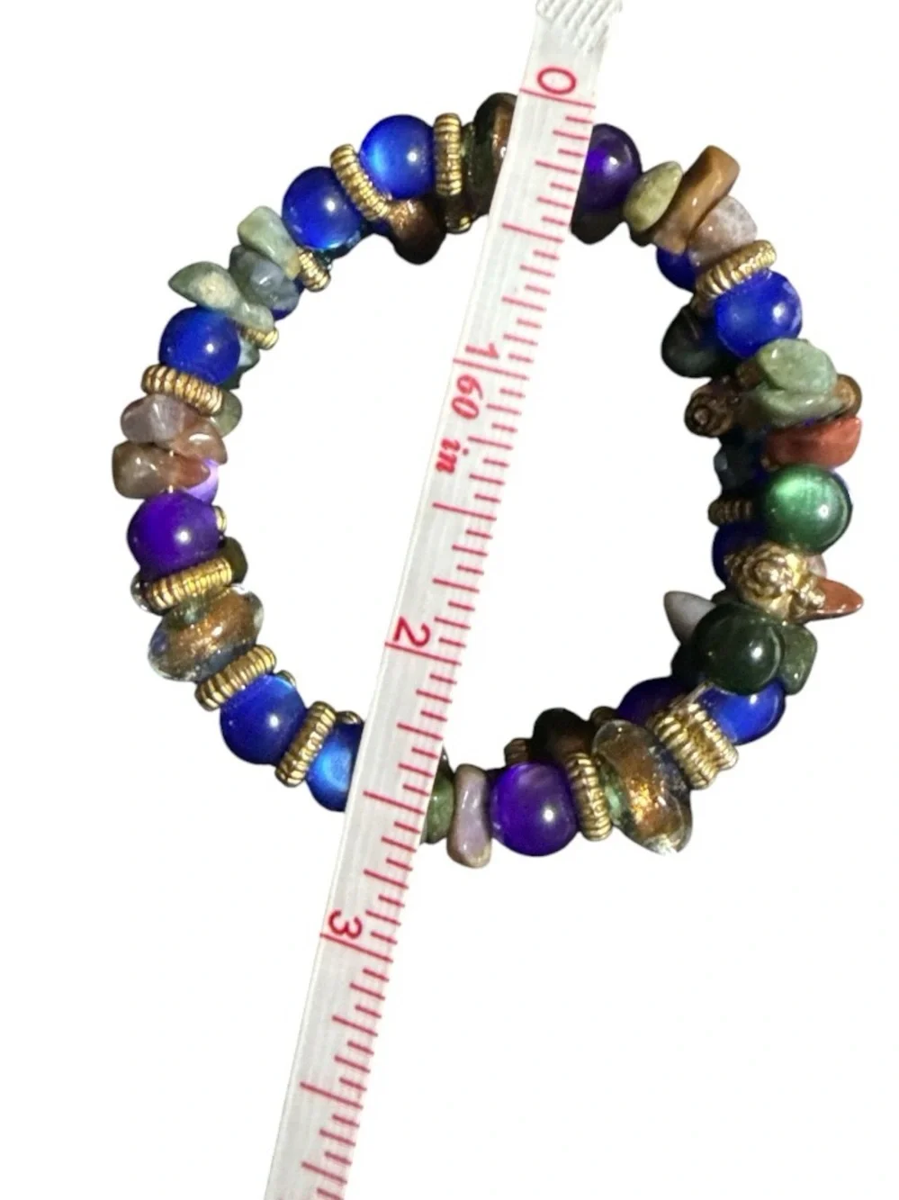 Handmade Blue Purple Cat’s Eye Glass & Gemstone Chip Memory Wire Wrap Bracelet